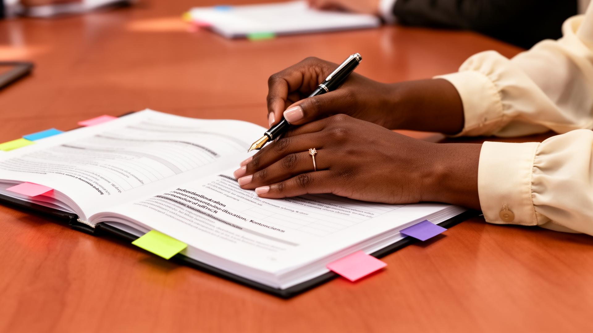 An advocate's hand resting on an open IEP document with colored tabs at a meeting-room table.
