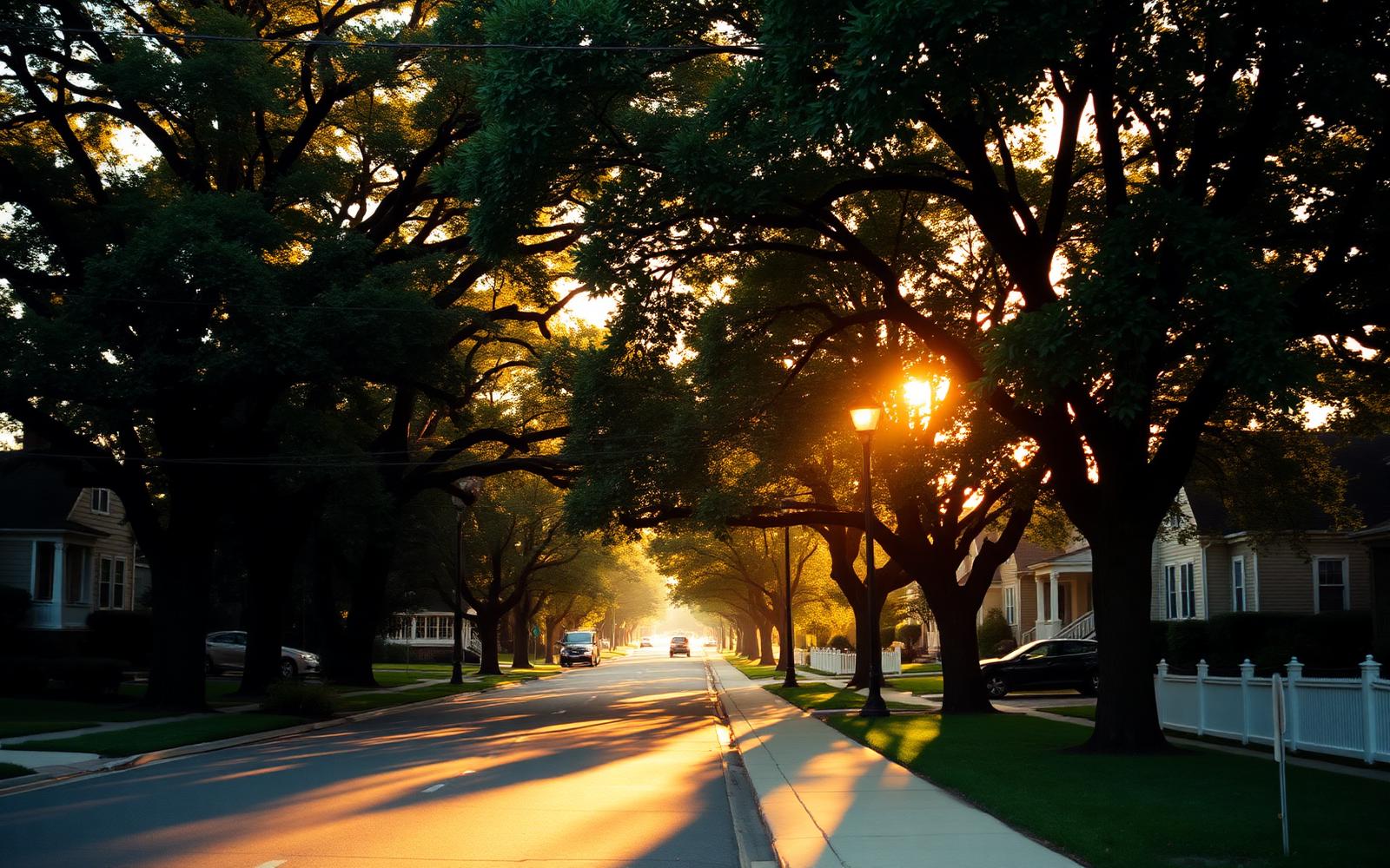 A tree-lined Long Island residential street at golden hour.